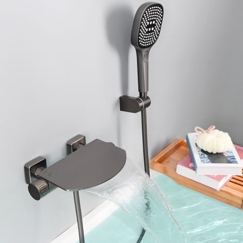 SHANFO Robinet de Baignoire avec Douchette, Mitigeur Baignoire Cascade, Mitigeur Bain Douche Mural, Laiton, Gris, 16Y7OK