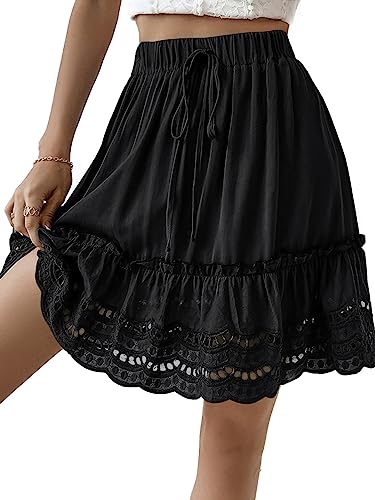 LYANER Women's Elastic Waist Self Tie Pullover Scallop Hem Pleated Casual Mini Skirt4