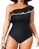 Aqua Eve Plus Size Bathing Suits for Women One Piece Swimsuits One Shoulder Ruffle Tummy Control Black and White Swimwear 18W