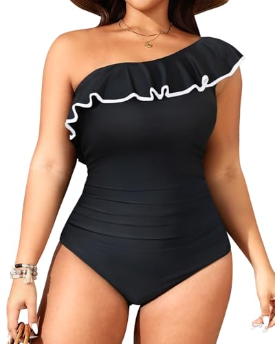 Aqua Eve Plus Size Bathing Suits for Women One Piece Swimsuits One Shoulder Ruffle Tummy Control Swimwear