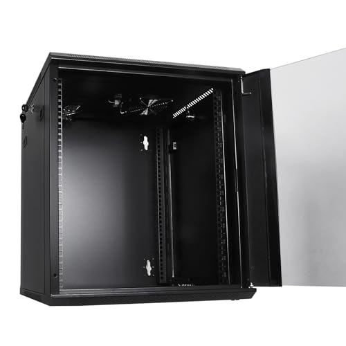 Image of RackPath 12U Wall Mount Network Rack Cabinet - Quiet Cooling Fan, Locking Glass Door, 17.7 inch Deep (450mm), Removable Locking Side Panels, Fits 19 inch IT & A /V Equipment