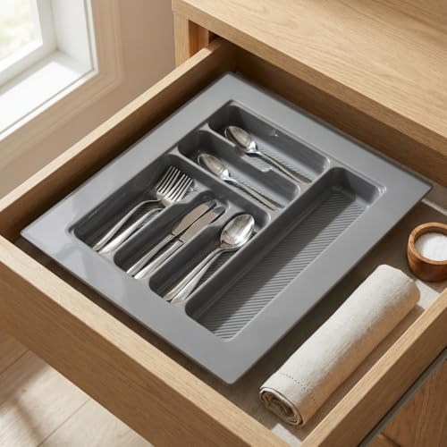 Image of SmartSlide 500MM PVC Cutlery Tray For Kitchen Drawer Modular Kitchen Tandem Drawer Organizer Adjustable Width & Depth Grey Non-Slip Surface (500 x 535 MM)