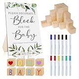 Baby Shower Game Sign Kit - Gender-Neutral Greenery Baby Shower Game Including Decorate a Block Game Sign 50 DIY Blocks and 12 Pens for Gender Reveal Games Baby Shower Party Supplies