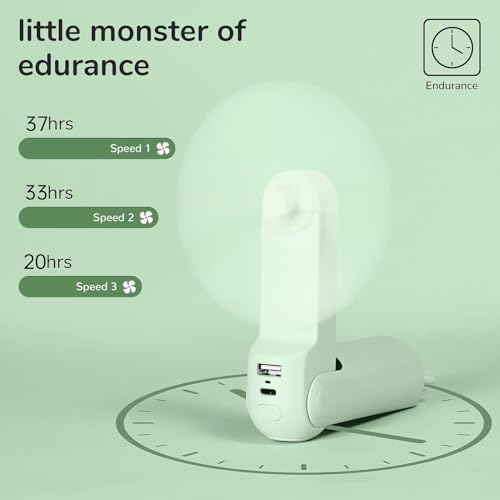 JISULIFE Handventilator Mini Ventilator 3 IN 1, mit 4500 mAh Powerbank USB Akku Klein, Batteriebetrieben Max 37Hrs Runtime Tragbarer Ventilator, Taschenlampen Funktion-Grün 2