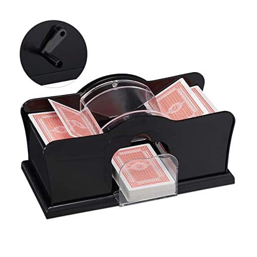 Relaxdays Máquina barajadora de cartas, 2 barajas, con manivela, dispositivo de barajado manual para jugar a las cartas con el tamaño de 9 x 6,5 cm, plástico, negro