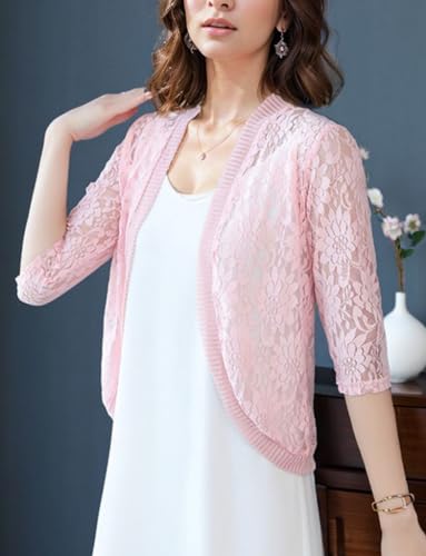 Image of FindThy Women's Floral Lace Shrug Cardigan 3 /4 Sleeve Crochet Bolero Jacket