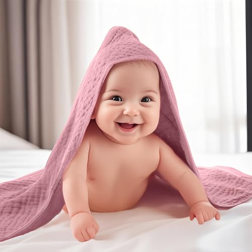 Image of VitalCozy 12 Pcs Baby Muslin Hooded Bath Towels and Washcloths, Muslin Hooded Baby Towels Absorbent Blankets for Gift Newborn Infant Shower (Vibrant Colors)