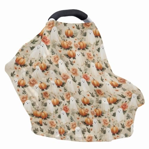 Image of Wanyint Stretchy Baby Car Seat Cover Carseat Canopy for Babies Universal Baby Breastfeeding Stroller High Chair Shopping Cart Cover Halloween Decor, Cute Ghost Pumpkin Floral
