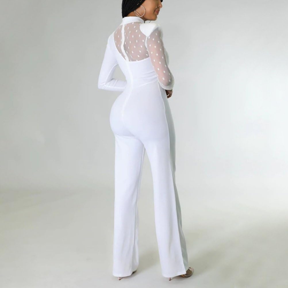 Combinaison Élégante Pour Femmes En Mesh Avec Manches Longues Col Montant Couleur Unie Et Taille Haute