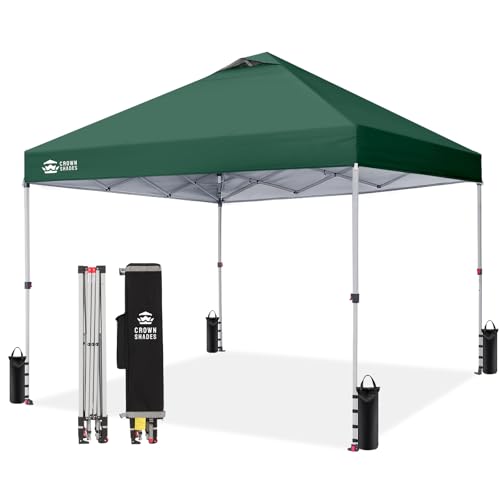 CROWN SHADES 10x10 Pop Up Canopy - Beach Tent with One Push Setup - Easy Outdoor Sun Shade for Events, Parties, Camping - Gazebo with STO-N-Go Cover Bag, Silver Coated Top, Forest Green