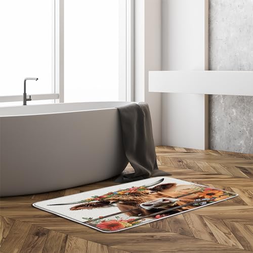 Farmhouse Highland Cow Bath Mat Rustic Western Farm Animal Longhorn Bull Floral Vintage Country Bathroom Doormat Toilet Floor Rug,16x24+17.8x29.5 Inches