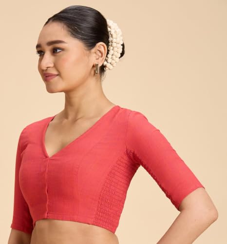 Image of Studio Shringaar Women's Thick Handloom Cotton Plain Side Stretch (Smocked) Readymade Saree Blouse