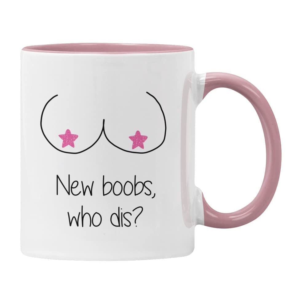 New Boobs, Who dis? Boob Job Mug Gift Post Surgery, Funny Breast Cancer Cup (Pink)