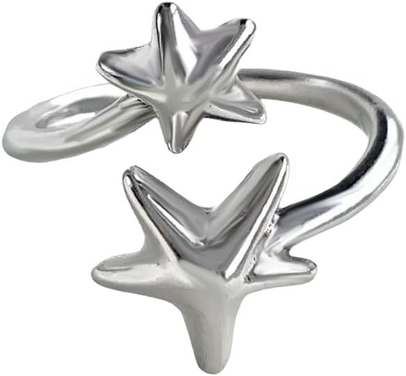 Vintage Star Stacking Statement Ring for Women Silver Plated Adjustable Expandable Couple Stars Celestial Open Wrap Finger Rings Retro Promise Christmas Accessories Jewelry Gift