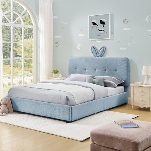 Image of Full Led Bed Frame with 4 Storage Drawer, Upholstered Platform Floor Bed with Rabbit Ear Headboard Daybed Strong Wooden Slats No Box Spring Needed for Kids Girls Boys, Blue