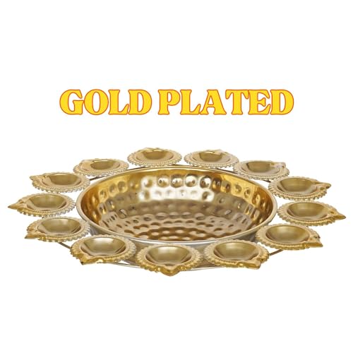 Webelkart Diya Shape Decorative Urli Bowl for Home Metal Handcrafted for Floating Flowers and Tea Light Candles Home ,Office and Table Decor| Diwali Decoration Items ( 14 Inches), Gold