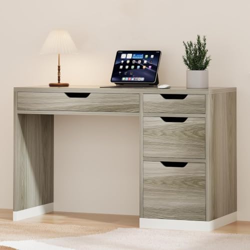 MaverickFurni Small Computer Desk with Drawers, 48 Inch Home Office Desk with Storage for Bedroom, Wood Writing Study Desk for Small Space, Light Walnut