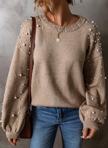 Image of Pearl Sweater for Women Lantern Sleeve Drop Shoulder Crewneck Sweatshirt Knit Chunky Pullover Sweaters with Pearls