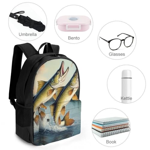 Supdreamc Men Women Polyester Two Bass Fish Jumping Out Of Water Painting Casual Daypack Large Capacity Carry On Bag With Adjustable Shoulder Straps for Camping Work Running4