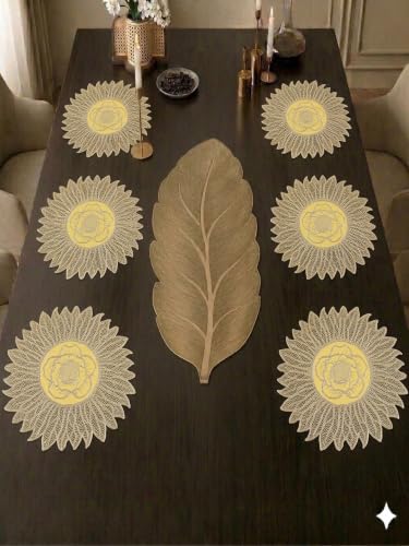 Image of Dakshya Industries PVC Waterproof Round Table Placemats & Table Runner Combo | 6 Round Mats (38 x 38 cm) + 1 Runner (91 x 33 cm) | Heat Resistant, Washable, Non Slip (Novique)