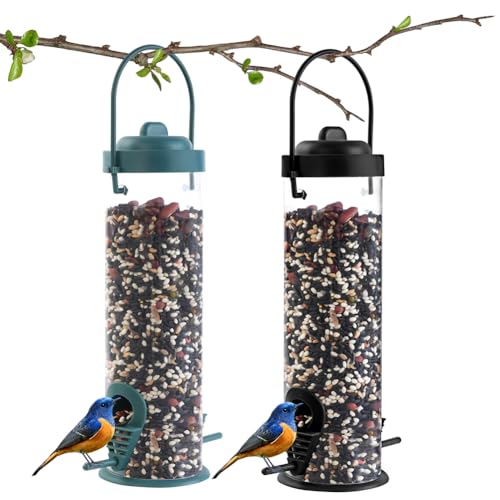 OFFCUP Futtersäule, Vogelfutterspender Kunststoff 21,5cm mit 2 Anflugplätzen, Vogel Futterstation zum Aufhängen, Wildvögel Futtersilo Transparentrohr Vogelfutterhaus für Garten Terrasse, 2 Stück