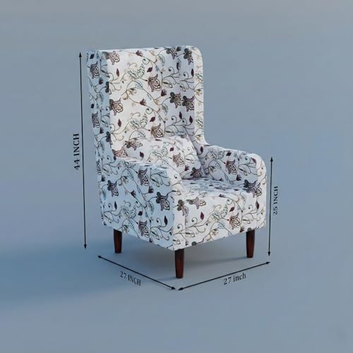 Image of Wooden Wing Chair with Ottoman Stool | Wingback for Living Room | High Density Foam | Accent Chair for Seating, Home Decor Furniture | (Ivory Vine, with Ottoman)