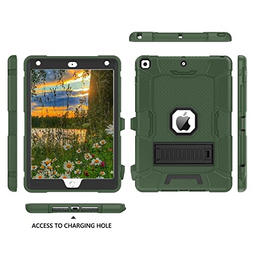 Bentoben Ipad 9Th Generation Case, Ipad 8Th / 7Th Generation Case, Heavy Duty Rugged 3 In 1 Shockproof Kickstand Hybrid Three Layer Protective Cover With Pen Holder For Ipad 10.2, Dark Green/Black #TOP3