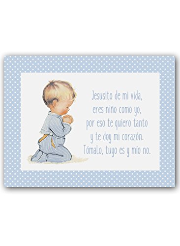 CUADRIMAN | Cuadro para Habitación Infantil Azul Topitos | Bebé Niño rezando con oración Jesusito. Tamaño 30 x 20 cm | Impreso sobre lienzo