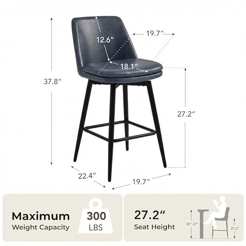 Image of CHITA Swivel Bar Stools, 27.2 inch Counter Height Bar Stools Set of 2, FSC Certified Upholstered Modern Counter Stools, Metal Legs, Faux Leather, Blue