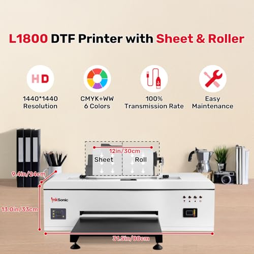 Image of InkSonic L1800 DTF Printer, A3 DTF Transfer Machine for T-Shirt Printing, Multi-Material Compatible, Direct to Film, White Ink Circulation System & Auto Clean, Built-in Heating, E13