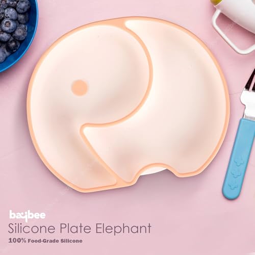 Image of BAYBEE Elephant Silicone Divided Baby Plate with 2 Training Spoons | Baby Feeding Set for Toddlers & Kids | Suction Plate and Spoon Combo for Boys & Girls | Tableware Set for Boys & Girls (Orange)