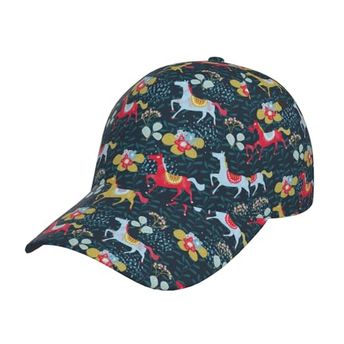 Hojas De Plantas Y Caballos Estilo Folk Étnico Vintage Negro Gorra Deportiva Vintage Cierre De Hebilla Algodón Gorras para Viaje Tenis Correr
