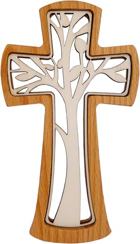 Kaltner Präsente Pomysł na prezent - krzyż ścienny z prawdziwego drewna krzyż krucyfiks nowoczesny/drewno buk/drzewo życia (wysokość 20 cm)