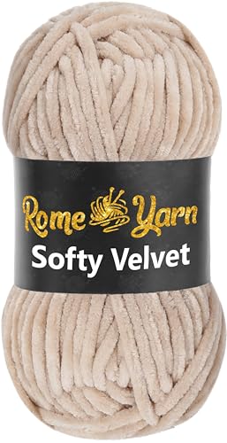 Rome Yarn Softy Velvet Yarn 100g/3.52oz - 120m/131yards | Super Chunky Bulky Chenille Soft Yarn for Knitting and Crochet Baby Blanket Amigurumi Plush Thick (1 Pack, 943 Light Beige)