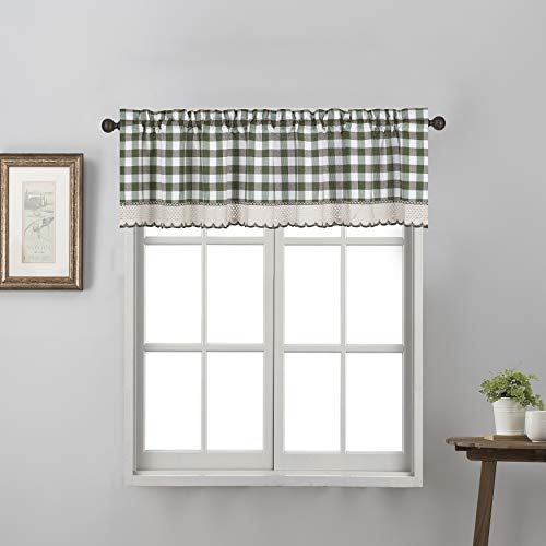 Decotex 1 Piece Buffalo Check Plaid Gingham Crochet Lace Trimmed Rod Pocket Window Curtain Valance (58
