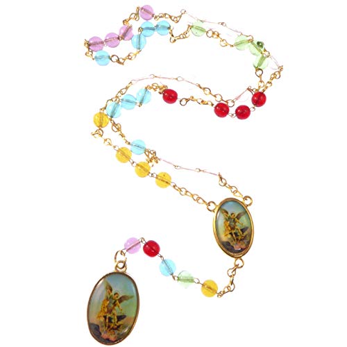 R. Heaven Corona de San Miguel - Medalla de Cristal Abalorios Rosario con Cadena en Tono Plateado Rojo Verde Azul