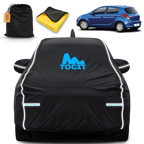 Image of I20 Waterproof Long Life Car Cover with Safety Glow Reflective Strap, Premium Stretchable Velvet Velour Fabric, Machine Washable, Tri-Stitch Custom Fit with Mirror & Antenna Pocket