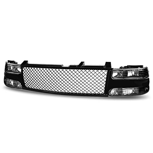 Headlights Bumper Lamps Assembly with Front Mesh Style Grille Compatible with Silverado Suburban Tahoe 99-02, Pair, Left and Right Side, Black Housing Clear Lens Headlamp, Glossy Black Grill, 5-Pieces