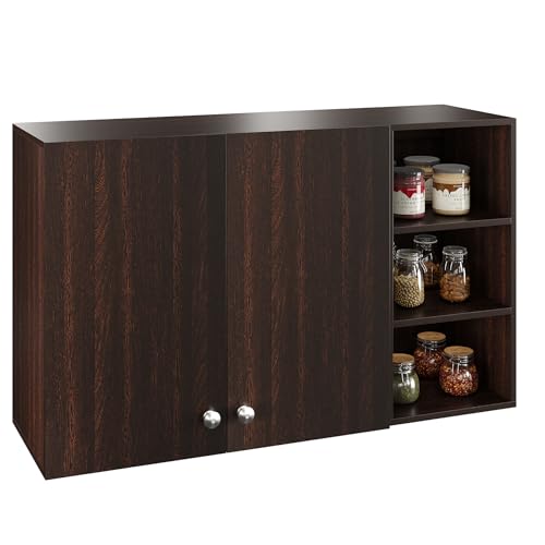 Image of FURNEASER Lismore Kitchen Storage Cabinet Rack Shelf Multipurpose Wooden Wall Mounted Spice Jar Shelves for Storage Organizer Containers Hanging Shelves with 2 Door (Wenge)