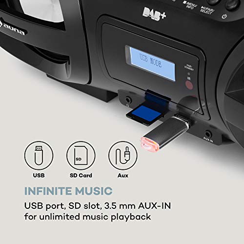 auna Soundblaster DAB Boombox Ghettoblaster, Bluetooth, Top-Loading CD-Player, SD/USB-Ports, MP3, DAB+ / UKW-Radio, Music2Light: LED-Disco-Effekt / 7 Farben/Farbwechsel-Modus, schwarz – Bild 4