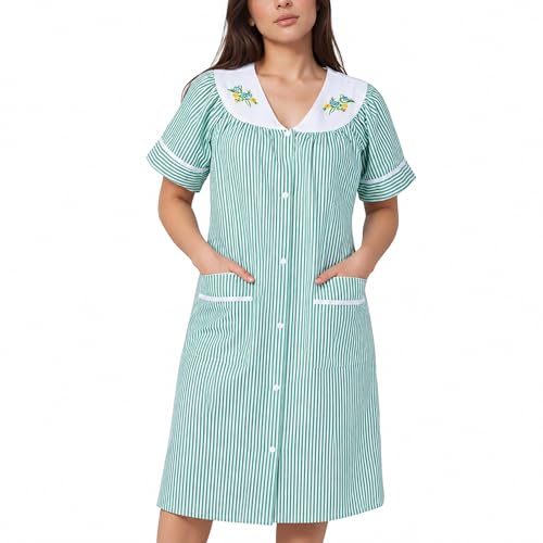 Image of Women's Short Sleeve Woven Snap-Front Closure Striped Embroidery Housecoat Duster Nightgown with Front Pockets
