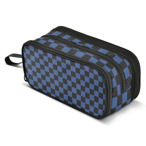 Image of ALAZA Blue Black Checkerboard Buffalo Plaid A Pencil Case Box Boys Girls Large Capacity Pencil Pouch with 3 Compartments Zipper Stationery Pen Bag Organizer for School Office