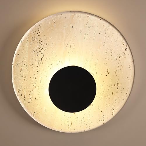 Image of Round Wall Sconce, Natural Marble Hardwired Circular Sconce Modern Sconces Wall Lighting Vanity Light Fixtures for Bedroom, Stairs, Living Room, Bedside(Roman Travertine)