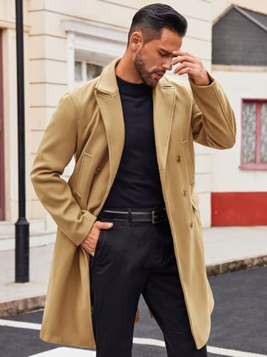 Image of Runcati Mens Trench Coat Notch Lapel Slim Fit Double Breasted Casual Long Business Pea Coat Overcoat