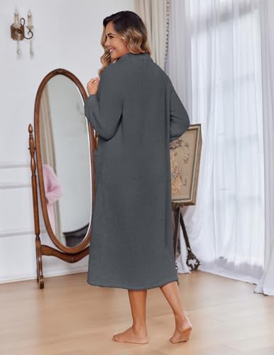 Image of Ekouaer Women Zipper Robe Fleece Long Sleeves Bathrobe Sleepwear Warm Soft Housecoat with Pockets Zip Up House Dresses