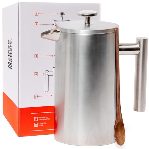 Image of Barista Warrior French Press Coffee Maker - Double-Wall Stainless Steel Insulated French Press with Built-In Thermometer, Dual Filters Coffee Maker with Wooden Spoon - Silver