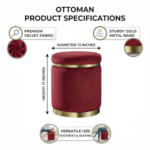 Image of Decorative Ottoman Pouffes for Sitting - Two-Piece Set of Puffy Stools and Footstools - Round Ottoman Stool for Living Room Furniture (Maroon)