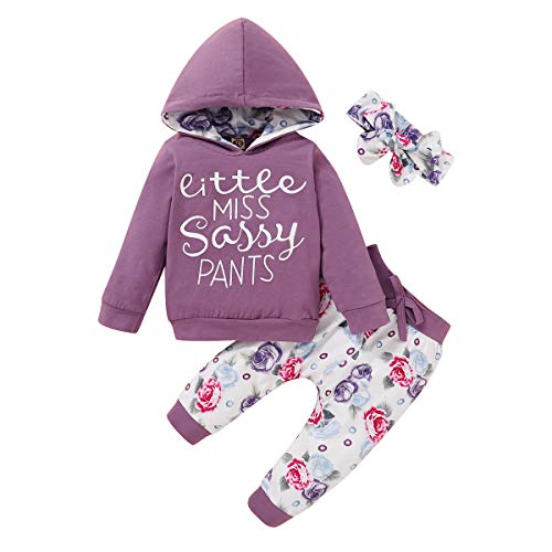 Baby Girls Long Sleeve Hoodie Tops Sweatshirt Little Miss Sassy Pants Infant Baby Floral Leopard Pants Set (18-24 Months, Purple) #TOP14