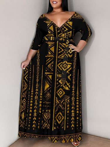 Image of PinkPatty Women's Plus Size Maxi Dress Print 3 /4 Sleeves V Neck Party Sundress Wedding Guest Dresses