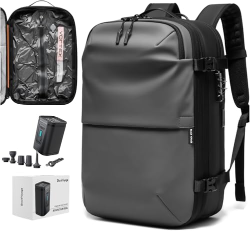 BlackVoyage Vortex Vacuum Seal Travel Backpack 60L Expandable Air Compression System Water Resistant TSA Lock Carry-On Suitcase Luggage Gray AERO OG - Air Pump Included